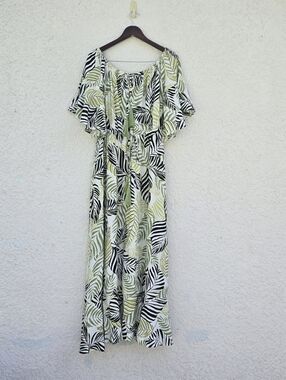 Label of Love Tropical Palm Leaf Boho Maxi Dress L Tassel Fringe Green